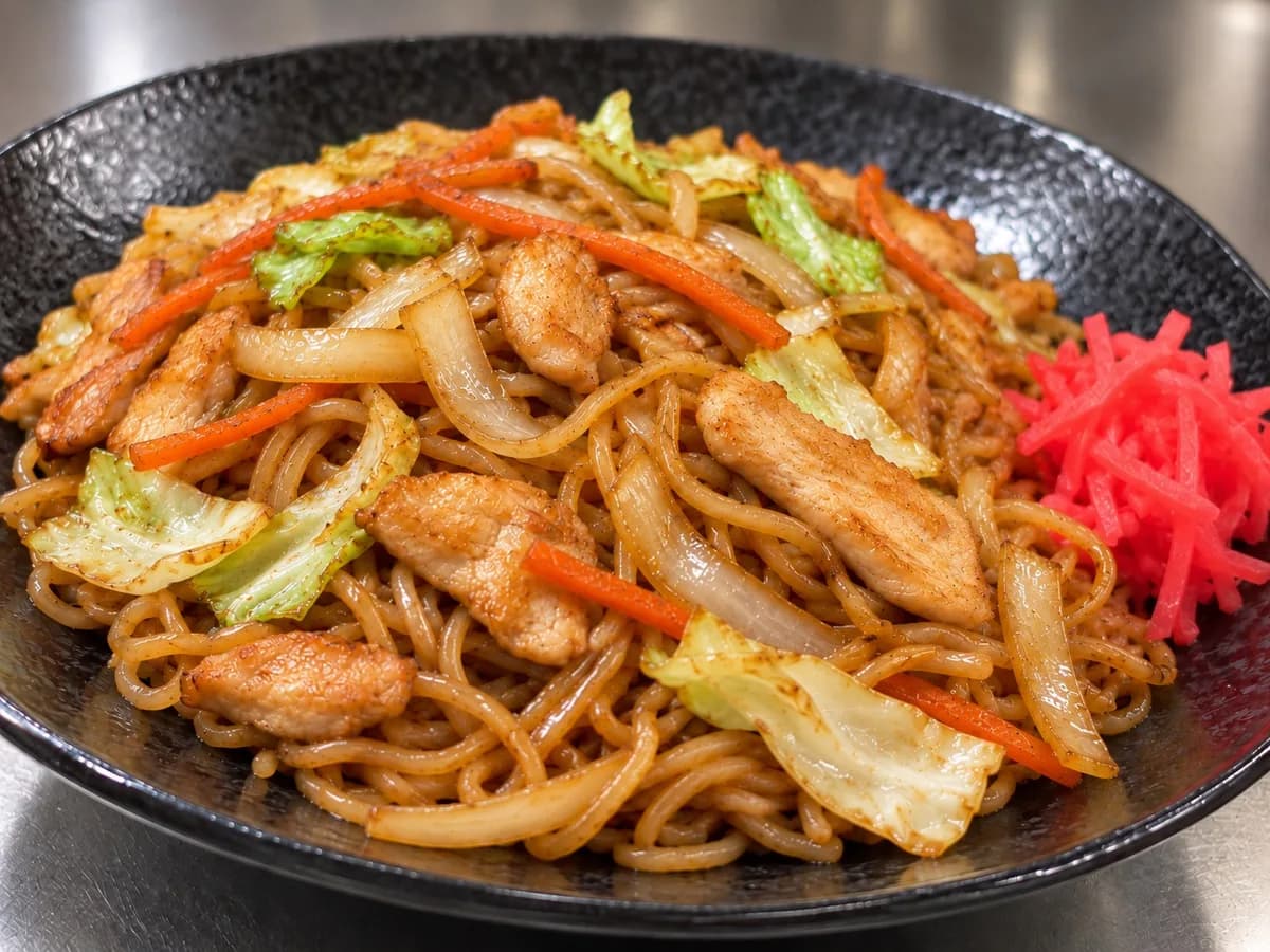 Stir-fried noodles with cabbage, carrots, and meat in a black bowl